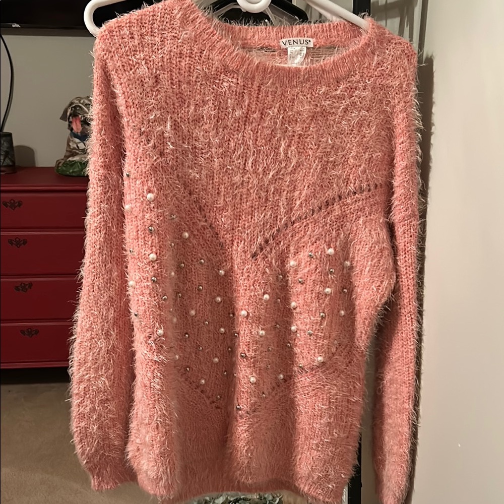 Venus Pink Fuzzy Sweater with Pearl Accents